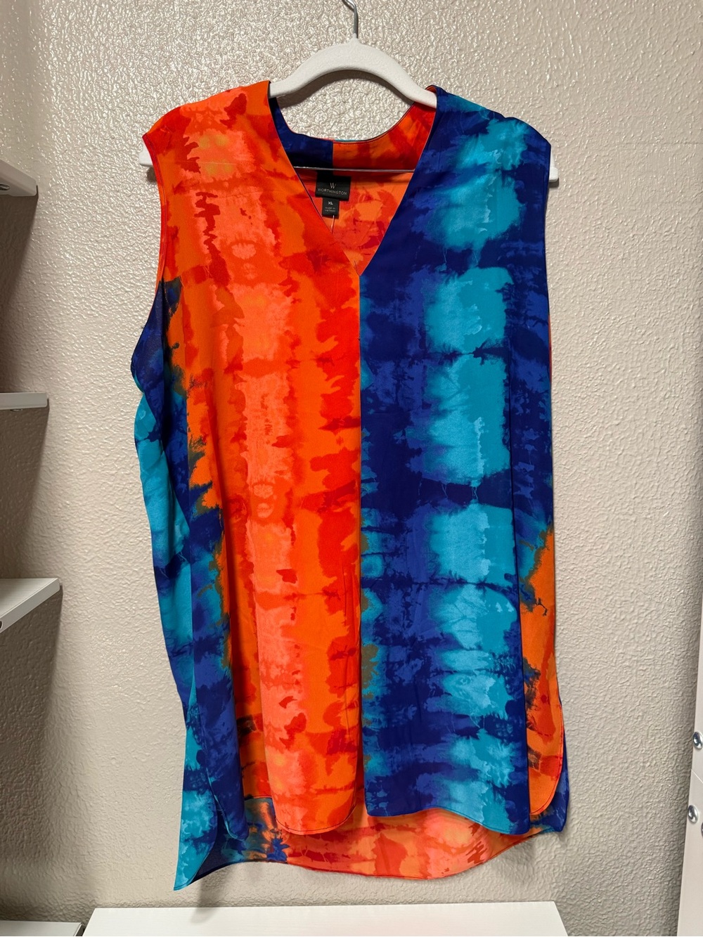 Worthington Orange and Blue Tie-Dye Sleeveless V-Neck Top